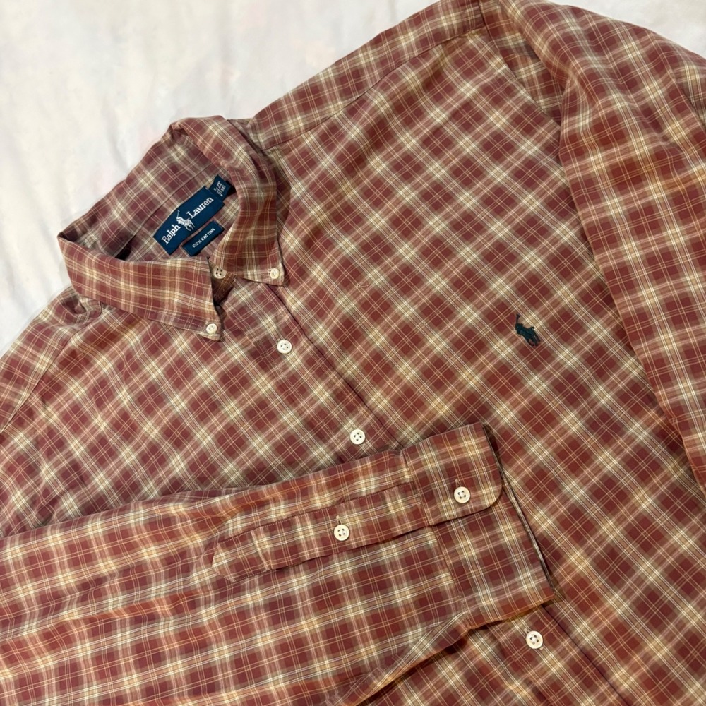 Ralph Lauren Mens 2X Big Plaid Button Down Shirt Red Tan Cotton Long Sleeve